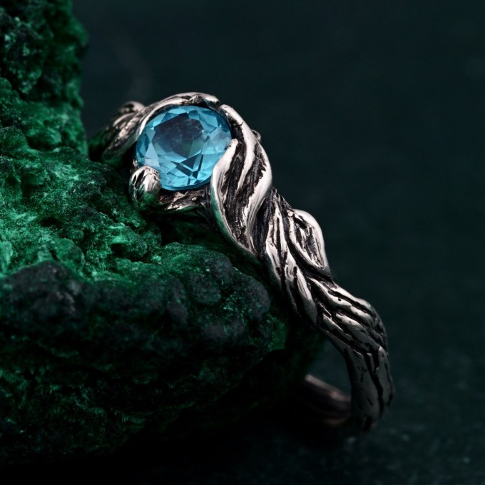 Sterling Silver Fantasy Wedding Ring with Nature Inspired Motif – Nature's Embrace Ring, Enchanted Forest Engagement Ring