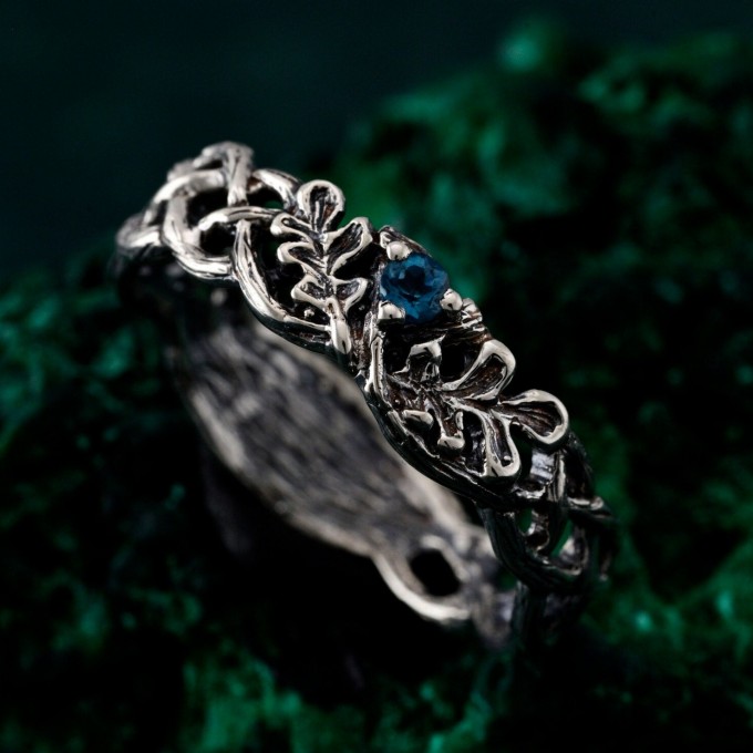 Oak Leaves Silver Dainty Topaz Engagement Ring