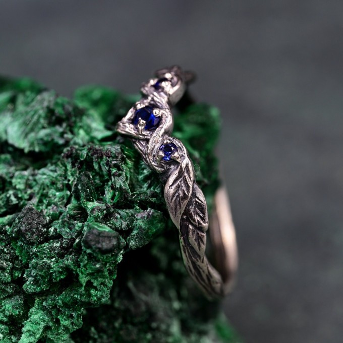 Whispers of Twilight: Gothic Leaf Sapphire Ring