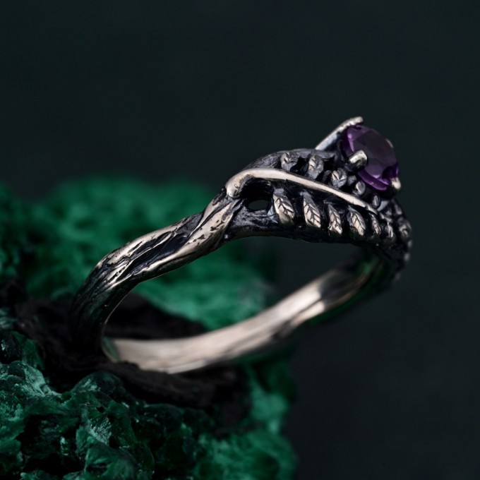 Amethyst Fern Branchlet Ring - Whispering Fern Ring with Graceful Twig and Woodland Design