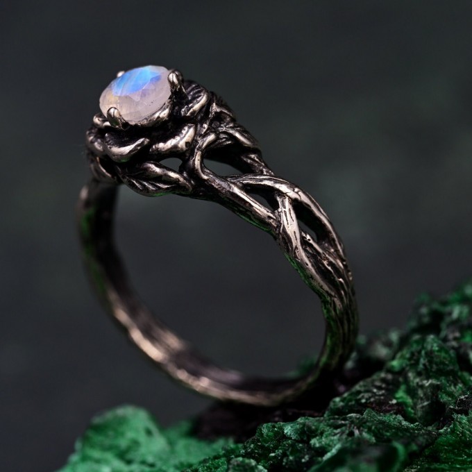 Bohemian Moonstone Lotus Ring - Unique Botanical Design