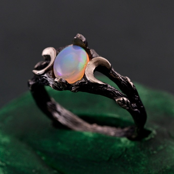 Silver Moon Phase Ring with Opal: Boho Celestial Wedding Band with Enchanted Forest Design