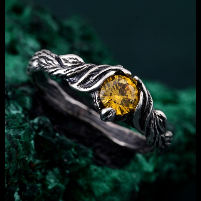Unique Twig Leaf Norse Engagement Ring – Rustic Twig Design for Promise, Sterling Silver Fantasy Wedding Ring