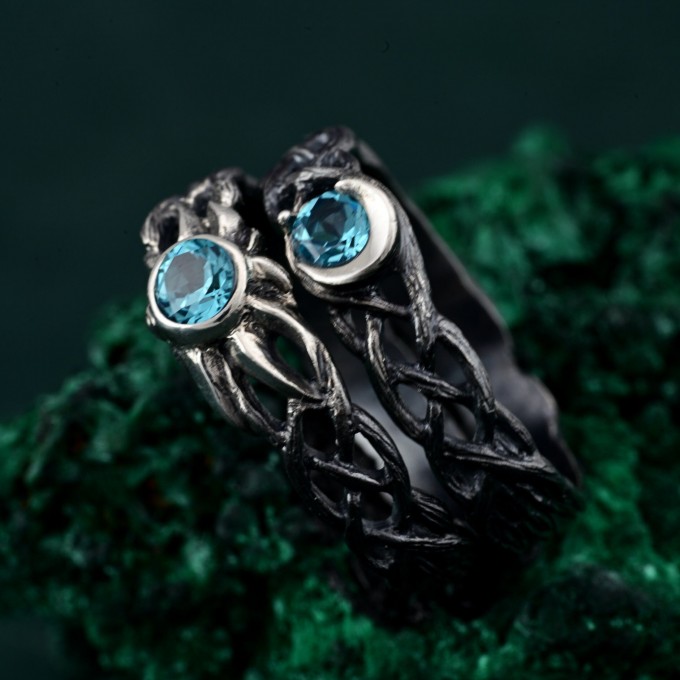Mystical Elven Ring Set - Sun and Moon Design with Dark Silver Vine Bands