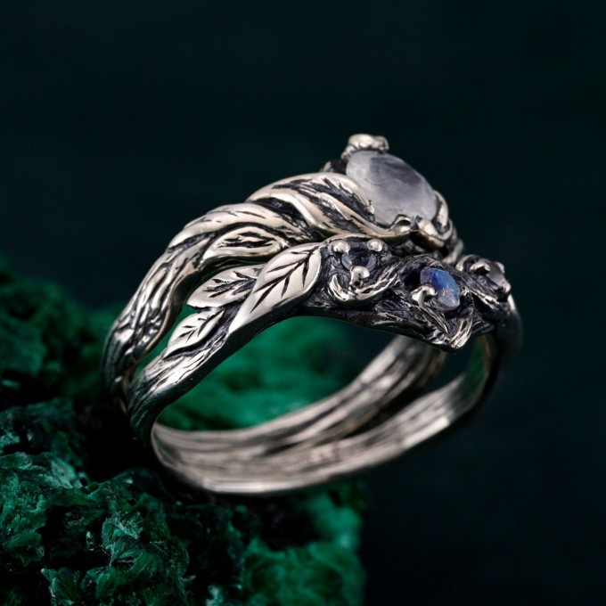 Silver Moonstone Ring Set: Nature-Inspired Leaf and Vine Design Bohemian Wedding Band