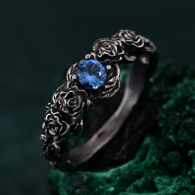 Topaz Blossom Silver Ring – Nature's Elegance Silver Ring, Floral Twig Accent Ring, Dainty Branch Delight Ring, Flower on Silver Twig Ring