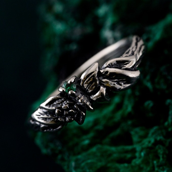 Unique Emerald Twig Engagement Ring – Sterling Silver Nature-Inspired Ring, Whimsical Butterfly Design, Artisan Crafted Jewelry