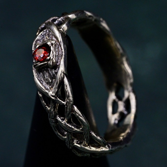 Celtic Pattern Garnet Wedding Band - Wide Vintage Style Tree Bark Design for Couples