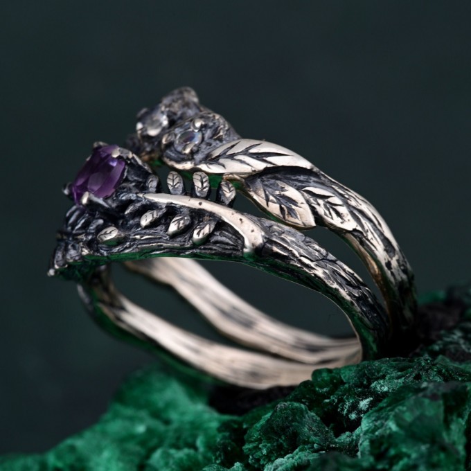 Mystical Amethyst Tree Ring - Enchanted Forest Handcrafted Leafy Silver Engagement Ring