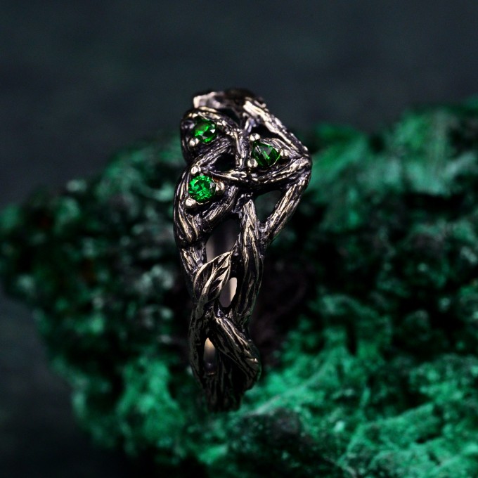 Enchanted Forest Silver Ring with Mystical Iridescent Jewel
