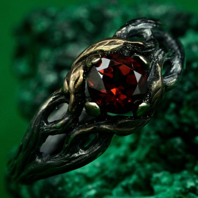 Enchanting Ring with Branch and Blossom - Forest Ring with Garnet