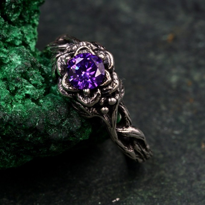 Amethyst Dewdrop Ring - Silver Leaves Embrace with Botanical Romance Design