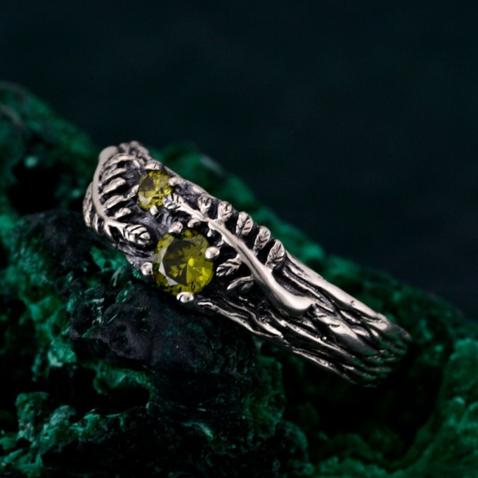 Artisan-Crafted Peridot Silver Twig Ring - Unique Woodland Engagement Band