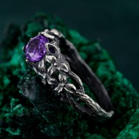 Amethyst Silver Ring, Handcrafted Botanical Ring, Antique Finish, Elegant Purple Gemstone, Romantic Gift, Artisan Floral Design