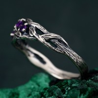 Amethyst Silver Ring - Nature-Inspired Twig Engagement Ring - Unique Dainty Leaf Design - Women's Birthstone Jewelry - Gift for Her