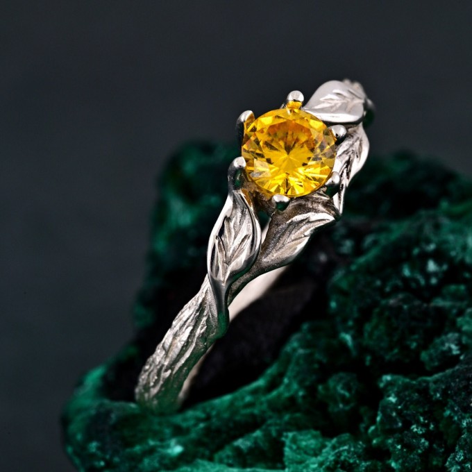 Sylvan Citrine Engagement Ring – Silver Nature-Inspired Band, Elven Leaf Design, Woodland Aesthetic Jewelry for Her