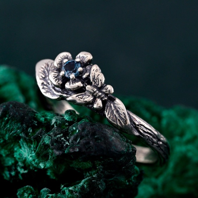 Floral Sterling Silver Ring with Blue Topaz