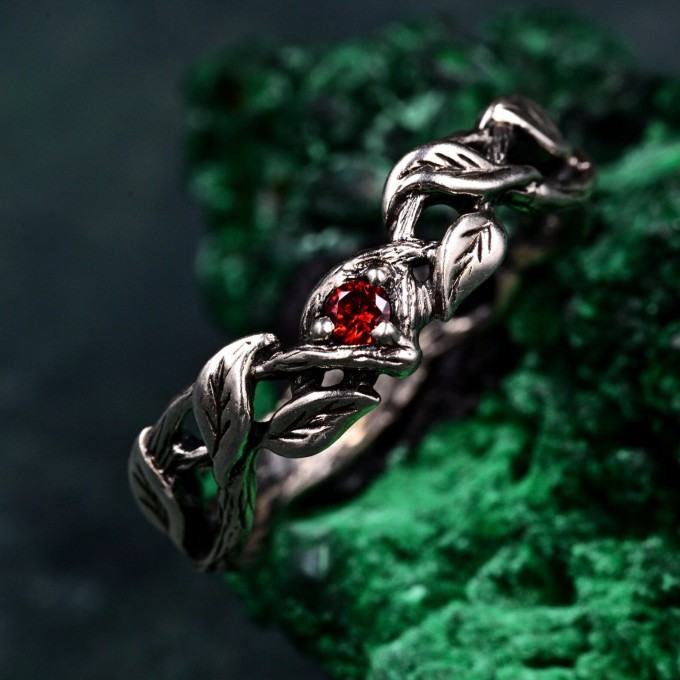 Woodland Fairycore Silver Eternity Ring – Men's Leafy Vine Engagement Band, Braided Tree Branch Silver Ring, Leaf Design Band