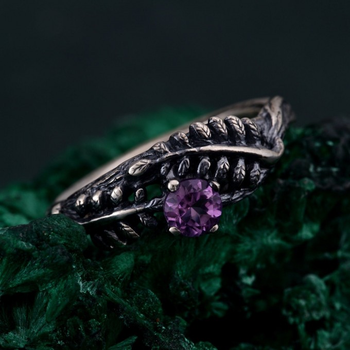 Amethyst Fern Branchlet Ring - Whispering Fern Ring with Graceful Twig and Woodland Design
