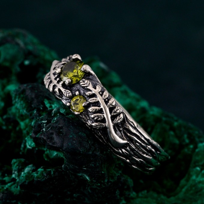 Artisan-Crafted Peridot Silver Twig Ring - Unique Woodland Engagement Band
