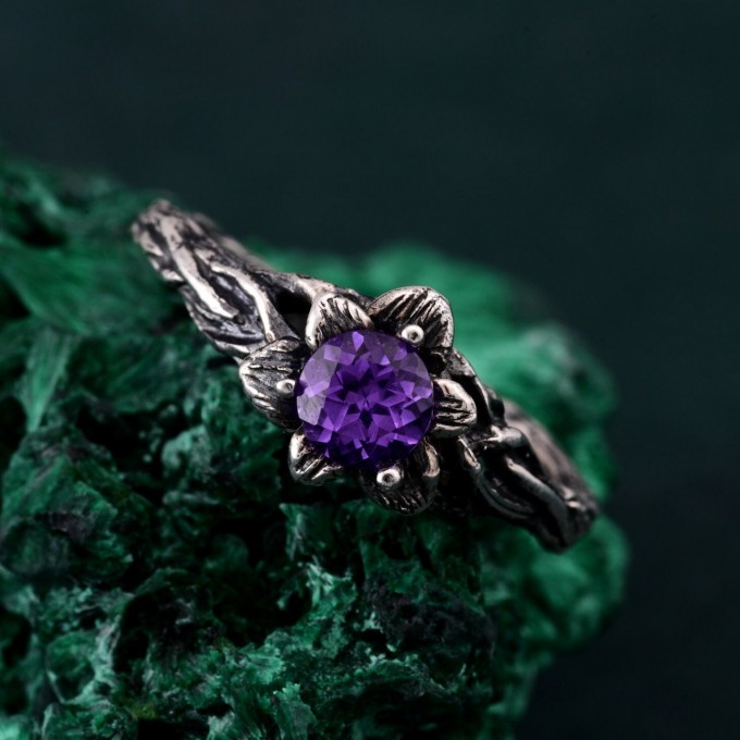 Amethyst Blossom Twig Ring - Enchanted Forest Whimsical Vine Design