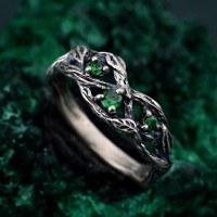 Boho Emerald Braided Ring, Forest Proposal Jewelry, Tree Motif Emerald Engagement Ring, Wild Nature Silver Band