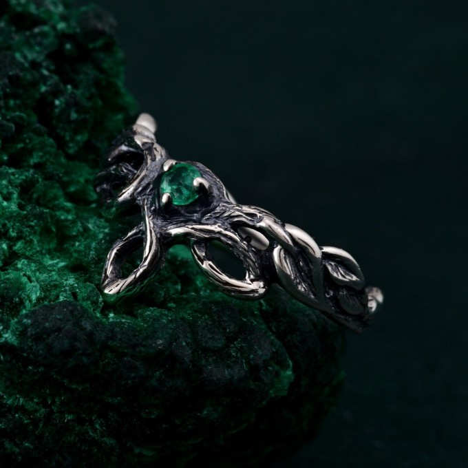 Delicate Leaf Braid with Wood Bark Branch Weave – One-of-a-Kind Silver Fairy Engagement Ring