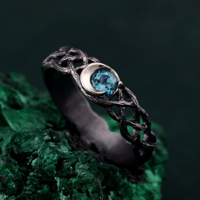 Silver Moon Topaz Ring: Mystical Celestial Blue Gemstone Band