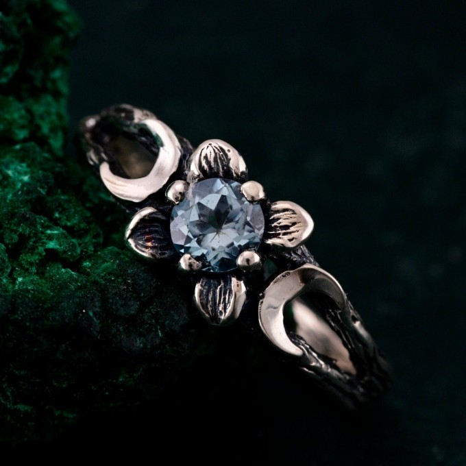 Mystic Topaz Lunar Ring - Triple Moon Goddess Silver Engagement Ring
