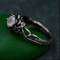 Bohemian Moonstone Lotus Ring - Artisanal Sterling Silver with Whimsical Forest Detail, Unique Botanical Ring
