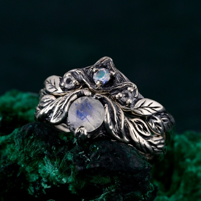Silver Moonstone Ring Set: Nature-Inspired Leaf and Vine Design Bohemian Wedding Band