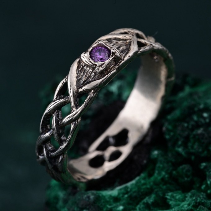 Viking Silver Celtic Ring – Wood Accented Braided Silver Tree Ring with Leaf Design, Masculine Promise Band