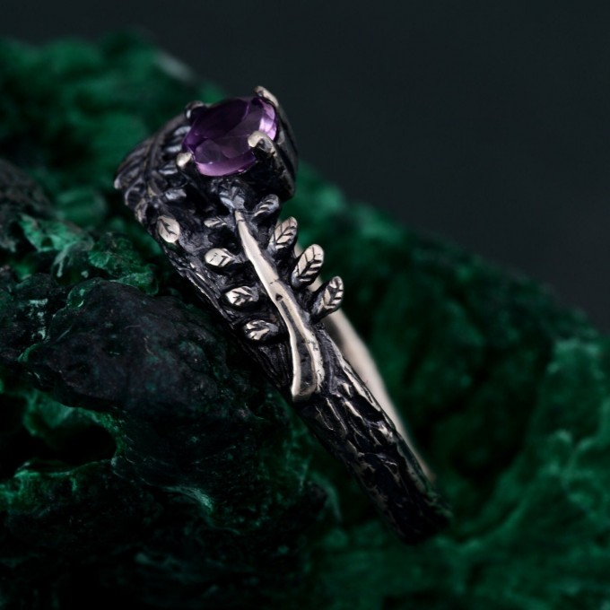 Amethyst Fern Branchlet Ring - Whispering Fern Ring with Graceful Twig and Woodland Design