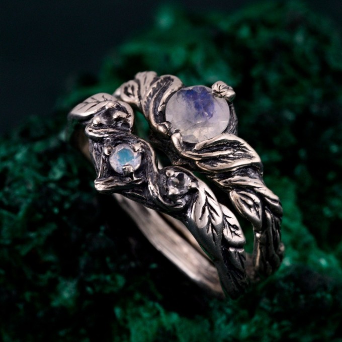 Silver Moonstone Ring Set: Nature-Inspired Leaf and Vine Design Bohemian Wedding Band