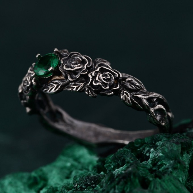 Emerald Blossom Silver Ring – Nature's Elegance with Floral Twig Accent, Dainty Branch Delight Ring Featuring Flower on Silver Twig