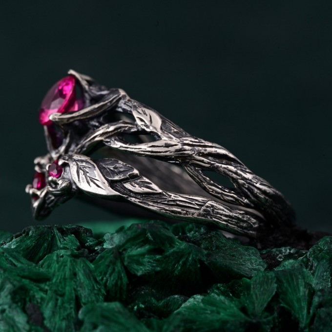 Enchanted Forest Silver Ring Set - Whimsical Leaf Design Wedding Stack