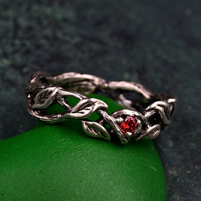 Garnet Twig Silver Ring with Dainty Branch and Petite Leaf Design