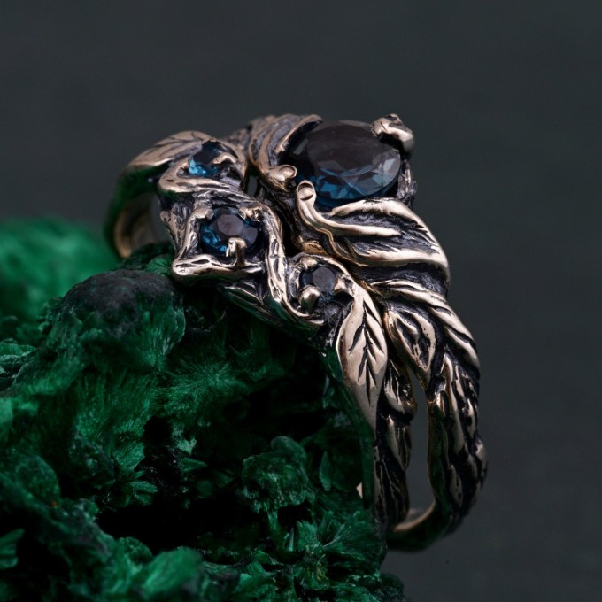 Elven Silver Ring Set with London Blue Topaz – Nature-Inspired Bridal Set, Enchanted Forest Stackable Rings, Mystical Twig Leaf Design