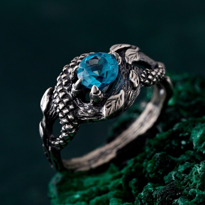 Azure Coil: Gothic Snake Ring with Blue Topaz