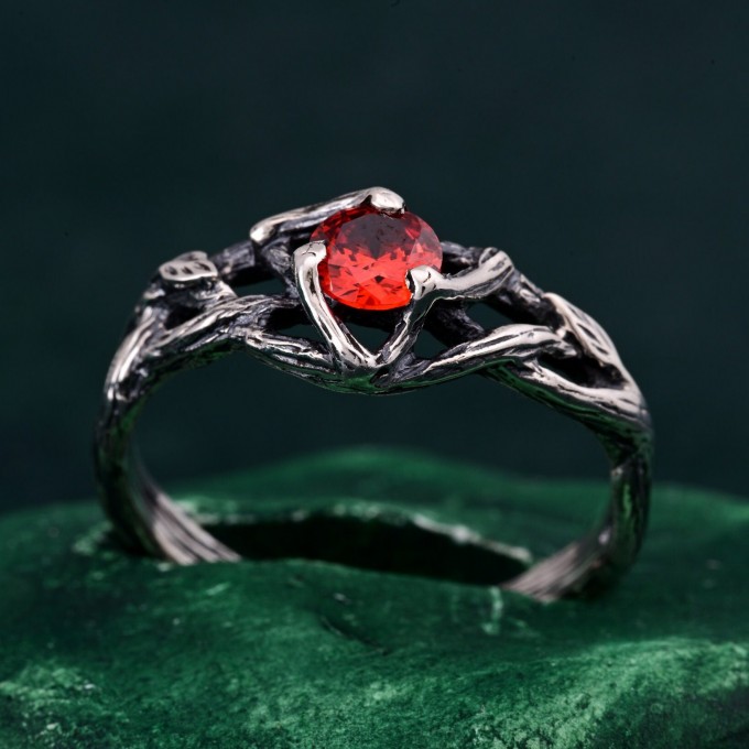 Unique Ring for Women's Engagement – Silver Nature-Inspired Design, Garnet Branch Ring, Perfect Gift for Her