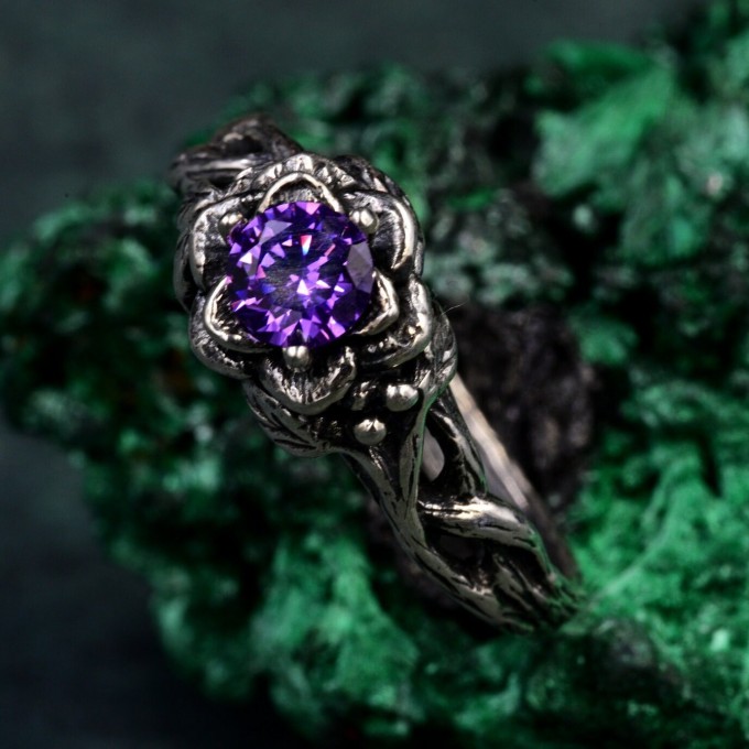 Amethyst Dewdrop Ring - Silver Leaves Embrace with Botanical Romance Design