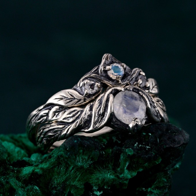Silver Moonstone Ring Set: Nature-Inspired Leaf and Vine Design Bohemian Wedding Band