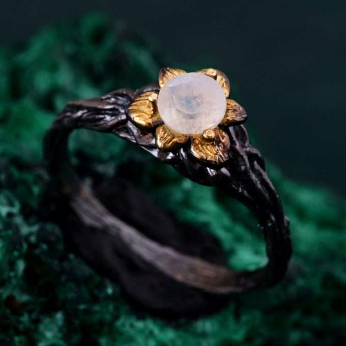 Enchanted Forest Ruby Ring - Unique Woodland Whispers and Blossom Twig Ring