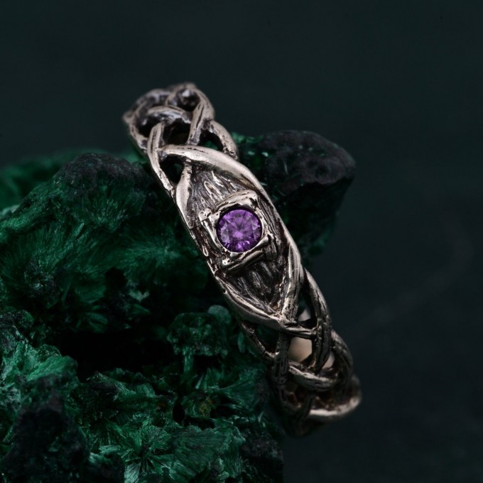 Viking Silver Celtic Ring – Wood Accented Braided Silver Tree Ring with Leaf Design, Masculine Promise Band