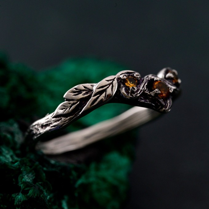 Silver Forest Chevron Wedding Band: Nature-Inspired Wooden Harmony