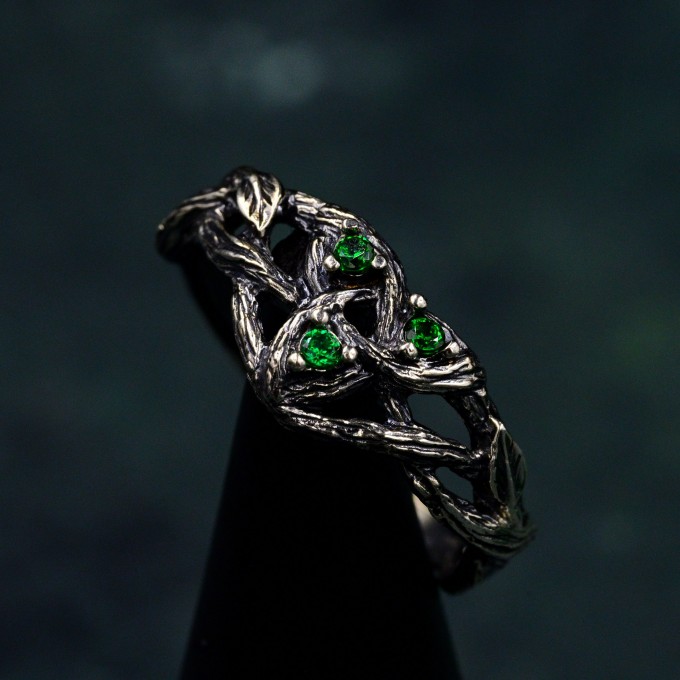 Enchanted Forest Silver Ring with Mystical Iridescent Jewel