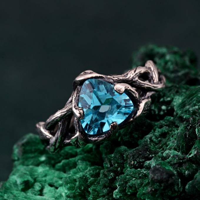 Branches and Leaves Design Topaz Ring – Nature-Inspired Ring with Leaves and Branches Surrounding Topaz, Gift for Her, Gift for Him
