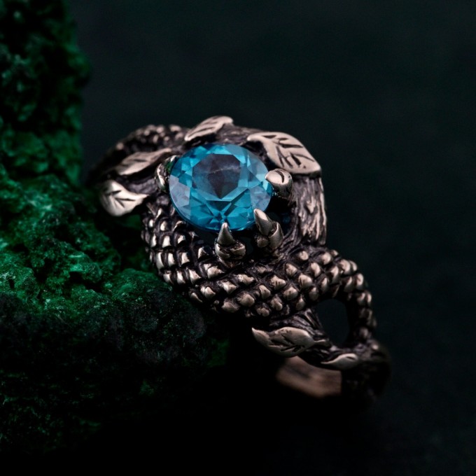 Azure Coil: Gothic Snake Ring with Blue Topaz