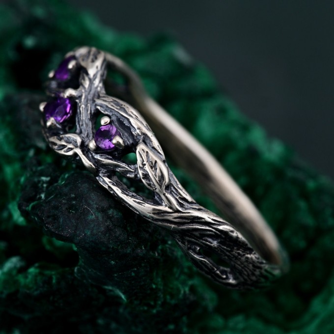 Amethyst Silver Twig Engagement Ring - Unique Dainty Leaf Design for Women