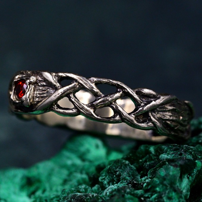 Celtic Pattern Garnet Wedding Band - Wide Vintage Style Tree Bark Design for Couples